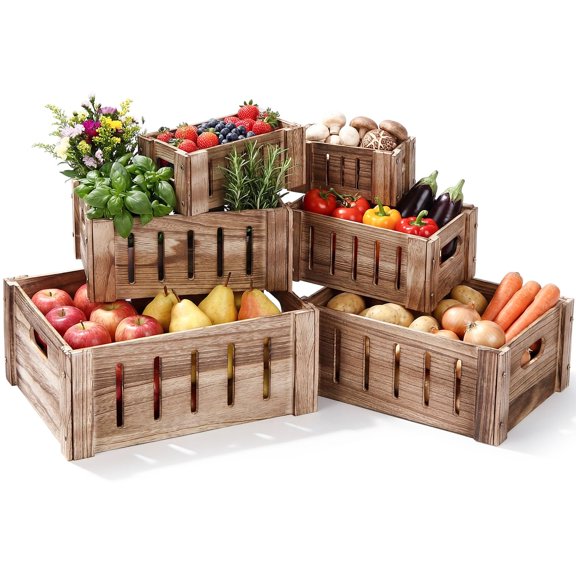 Ripeng Decorative Wood Crates for Storage Display, Rustic Wooden Nesting Crates with Handles, Large Small Farmhouse Boxes for Wedding Birthday Home Decorations(Wood Color,6 Sizes,6 Pcs) Y101
