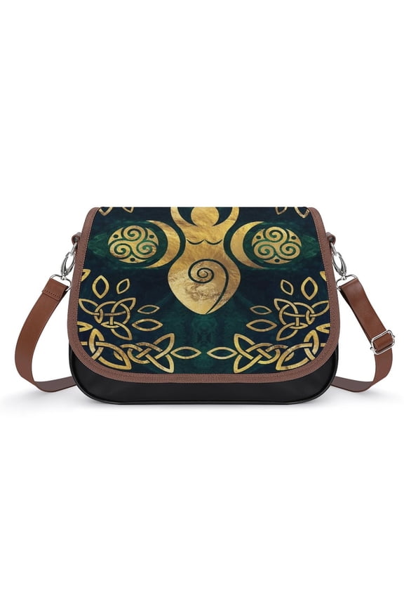 Riple Goddess with Triskele - Gold on Shimmer Green Vintage Crossbody Bag for Women Medium Leather Hobo Bags Shoulder Bag Classic City Leather Satchels