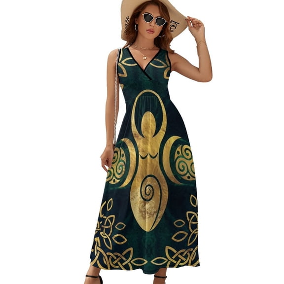 Riple Goddess with Triskele - Gold on Shimmer Green Dress Fashion Boho Beach Long Dresses Female Party Printed Maxi Dress