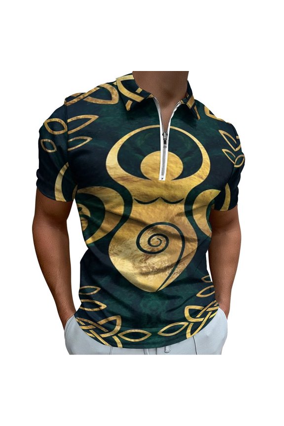Riple Goddess with Triskele - Gold on Shimmer Green Men Zipper T-shirt Summer Casual Short Sleeve T-shirt Top