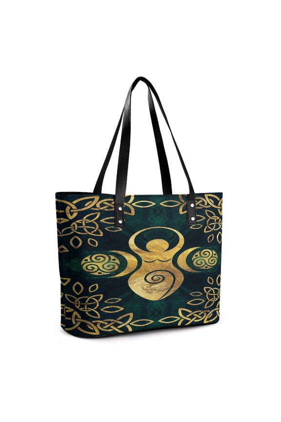 Riple Goddess with Triskele - Gold on Shimmer Green Woman Leather Handbags Large Tote Bag Fashion Portable Handbags With Zipper