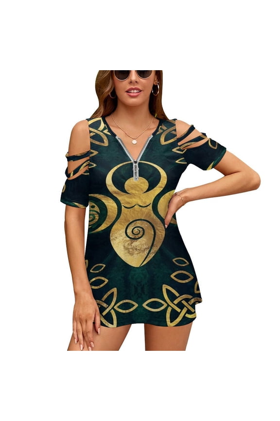 Riple Goddess with Triskele - Gold on Shimmer Green Womens Summer V Neck Zipper Top Short Sleeve T Shirt Off Shoulder Top Casual Classy Loose Shirts