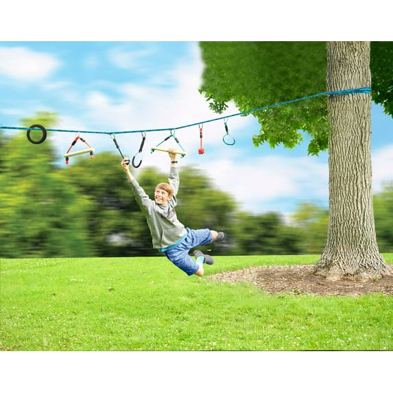 Ripline 36ft Ninjaline Portable Jungle Gym System With 7 Obstacles for Outdoor Play or Fitness