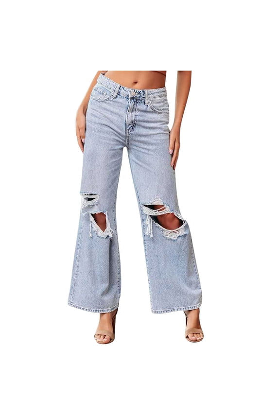 Ripped Bell Bottom Jean for Womens Fashion Cut Out Frayed Raw Hem Crop Denim Pants Destroyed Flared Trousers (Large, Light Blue)