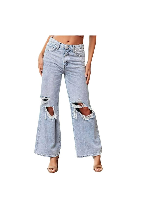 Ripped Bell Bottom Jean for Womens Fashion Cut Out Frayed Raw Hem Crop Denim Pants Destroyed Flared Trousers (X-Large, Light Blue)