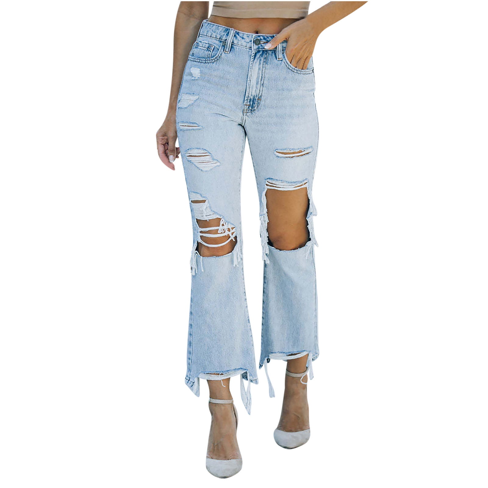 Ripped Bell Bottom Jean for Womens Fashion Cut Out Frayed Raw Hem