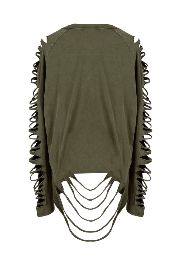Ripped Cut Out Holes Long Sleeve Faded Distressed Top Pullover Shirt, Distress Olive, Medium