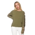 thumbnail image 1 of Ripped Cut Out Holes Long Sleeve Faded Distressed Top Pullover Shirt, Distress Olive, Small, 1 of 6