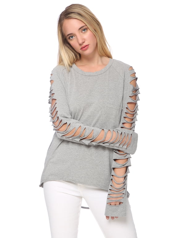 Ripped Cut Out Holes Long Sleeve Faded Distressed Top Pullover Shirt, Grey, Large