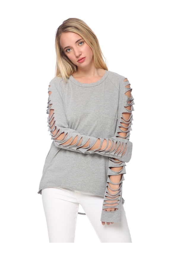 Ripped Cut Out Holes Long Sleeve Faded Distressed Top Pullover Shirt, Grey, Large