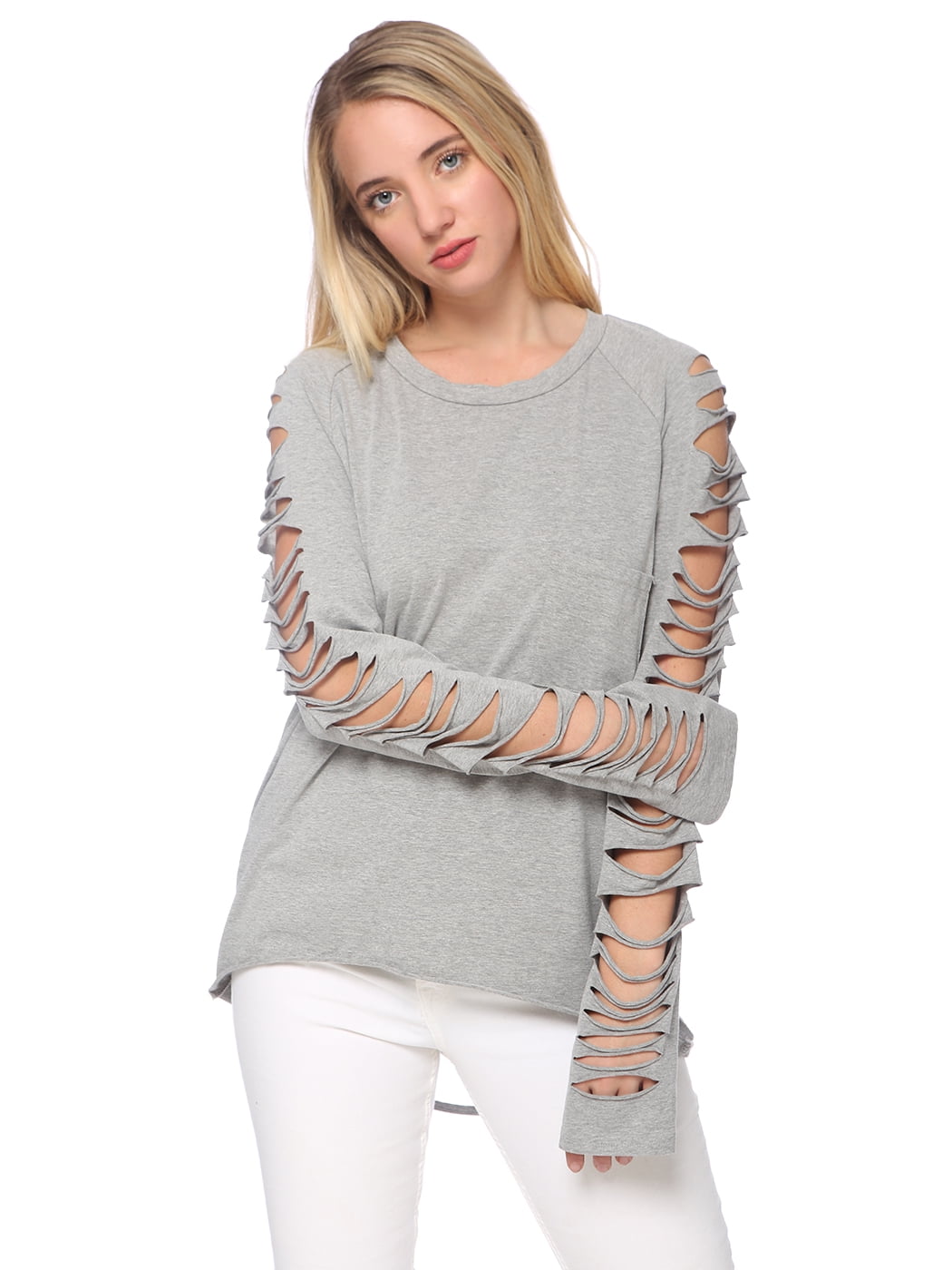 Ripped Cut Out Holes Long Sleeve Faded Distressed Top Pullover