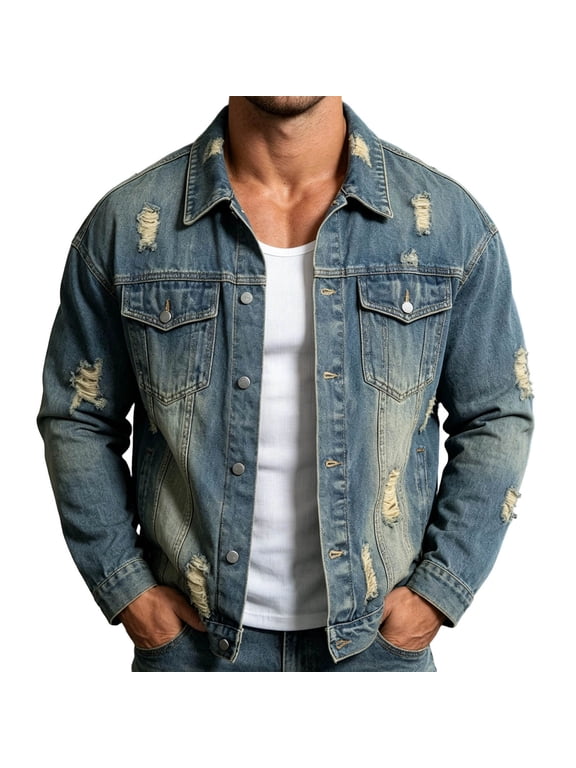 Ripped Denim Jackets for Men Washed Vintage Distressed Loose Workwear Jacket with Pockets Spring Summer Style High Street Cool And Edgy Denim Clothing