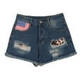 thumbnail image 1 of Ripped Denim Jean Shorts, American Flag Print Patchwork 4th Of July Outfits Womens, Summer Shorts Mid Rise (Large, Blue 07), 1 of 6