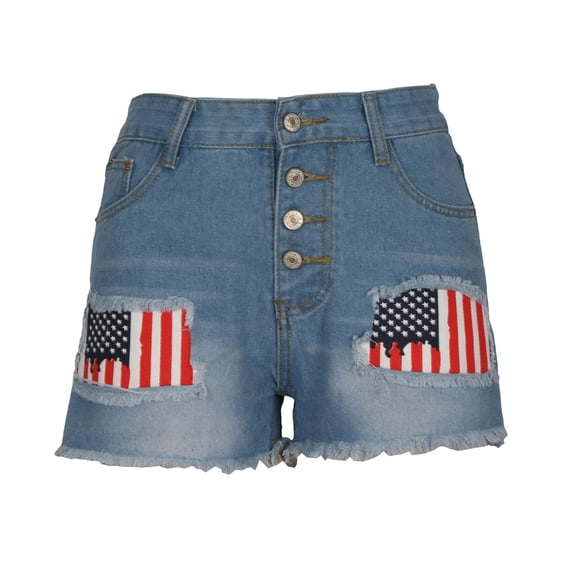 Ripped Denim Jean Shorts, American Flag Print Patchwork 4th Of July Outfits Womens, Summer Shorts Mid Rise (Medium, Blue)
