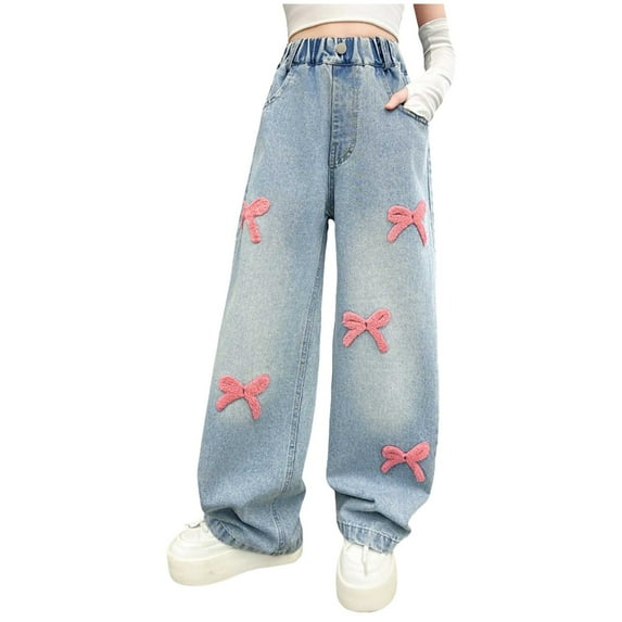 Ripped Denim Jeans for Kids Straight Wide Leg Distressed Washed Cotton Baggy Pants with Pocket Casual Lightweight Kids Clothes Girls Size 10-12 Flare Pants