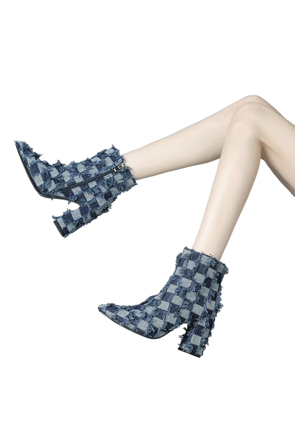 Ripped Denim Plaid Dress Boots for Women Fashion Retro Checkered Chunky High Heel Winter Fall Ankle Booties
