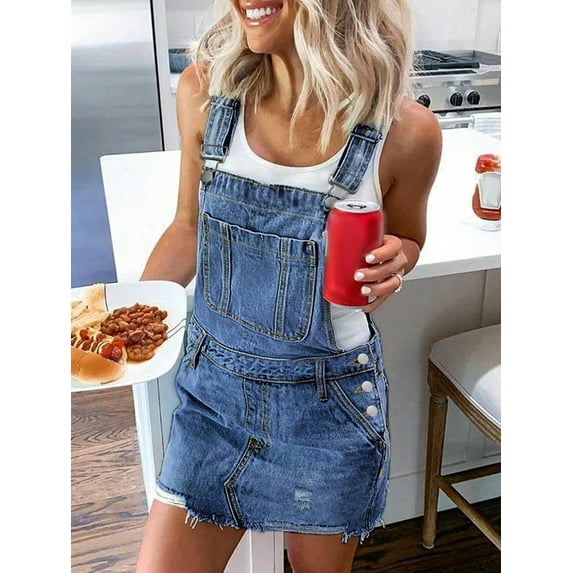Ripped Denim Suspender Dress For Women's Casual Wear Adjustable Slim Strap Short Skirt