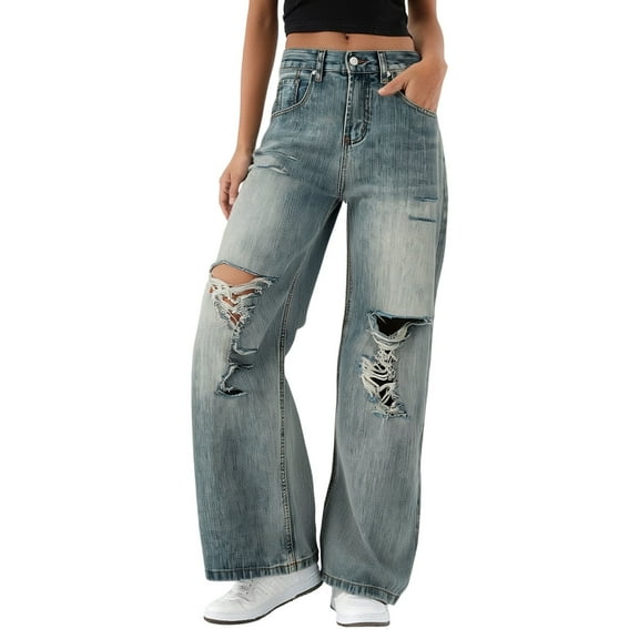 Ripped Design Wide Leg Jeans Women's Waisted Loose Trousers For Summer
