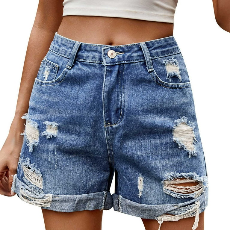 Ripped Distressed Jean Shorts for Women Vintage Folded Hem Denim Shorts Summer Destroyed High Waisted Jean Hot Pants