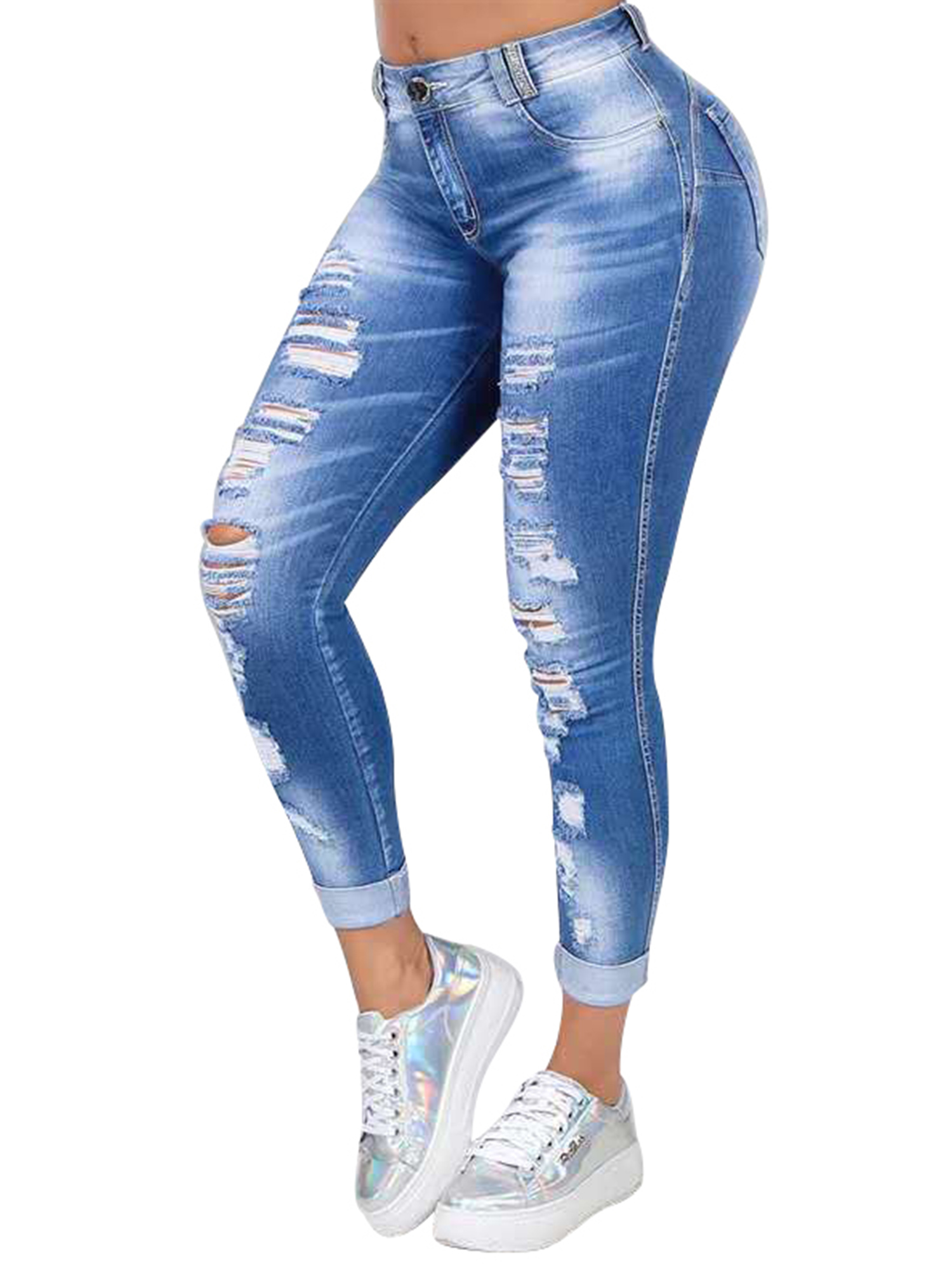 Ripped Distressed Jeans For Women Mid Rise Skinny Slim Fit Jeans Ladies Cut Denim Trouser Pants For Juniors - image 1 of 3