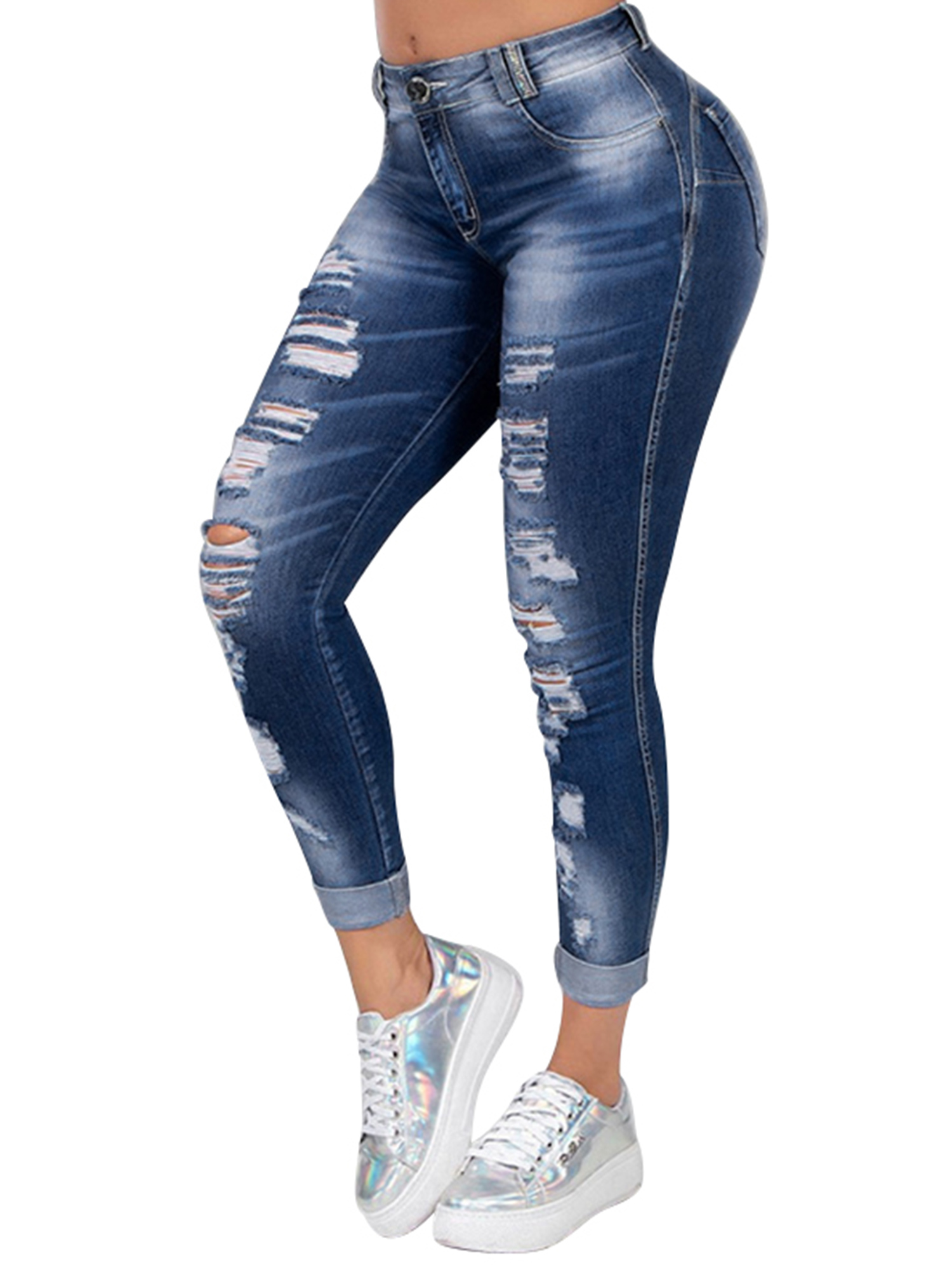 Ripped Distressed Jeans For Women Mid Rise Skinny Slim Fit Jeans Ladies Cut Denim Trouser Pants For Juniors - image 1 of 2