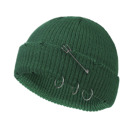 Ripped Fisherman Beanie Hat for Men Women Metal Ring Distressed Short Knit Cap Y2K Punk Rolled Cuff Winter Warm Skull Cap Streetwear Accessories
