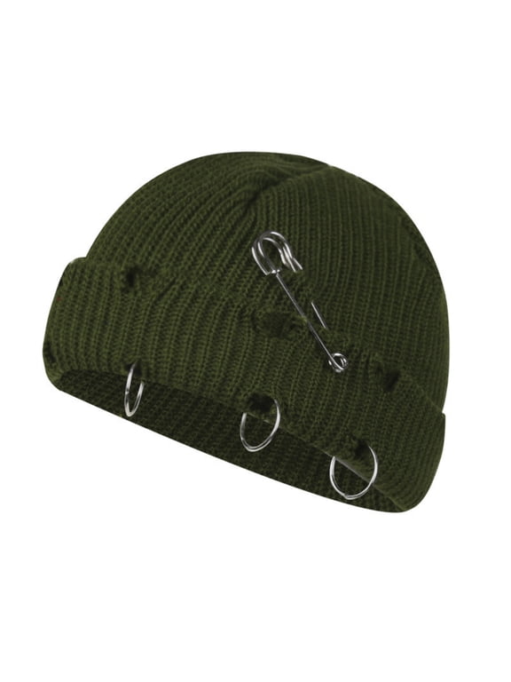 Ripped Fisherman Beanie Hat for Men Women Metal Ring Distressed Short Knit Cap Y2K Punk Rolled Cuff Winter Warm Skull Cap Streetwear Accessories