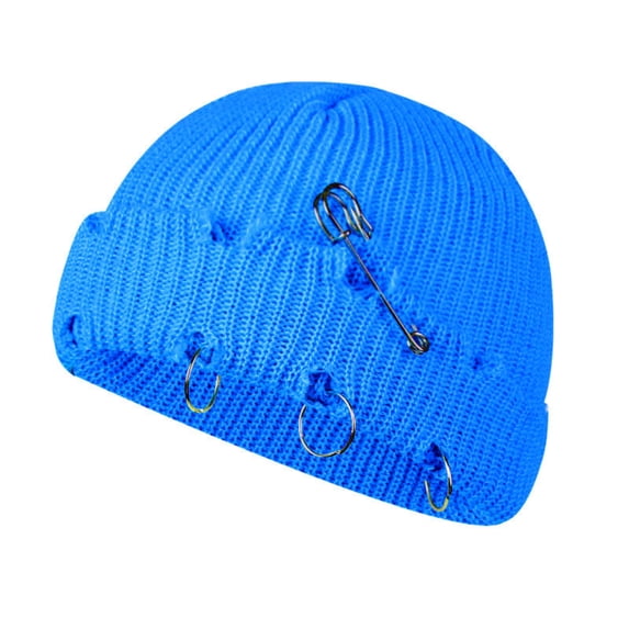 Ripped Fisherman Beanie Hat for Men Women Metal Ring Distressed Short Knit Cap Y2K Punk Rolled Cuff Winter Warm Skull Cap Streetwear Accessories
