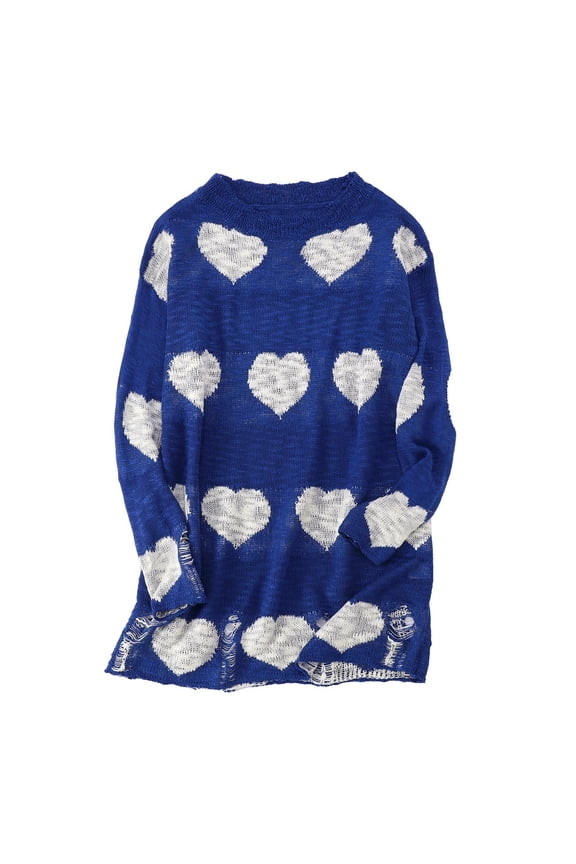 Ripped Heart Sweater for Women Valentine's Long Sleeve Crew Neck Kniteed Cover-Ups