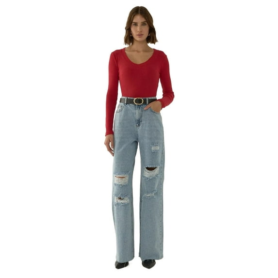 Ripped High Waist Wide Leg Denim Jeans