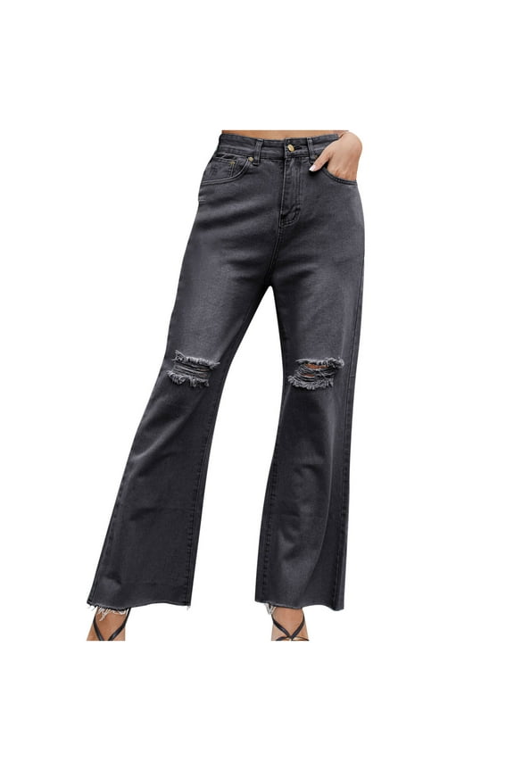 Ripped Hole Jeans for Women Stylish Straight Wide Leg Denim Pants High Waist Bootcut Jean Pants Baggy Cowgirl Trouser