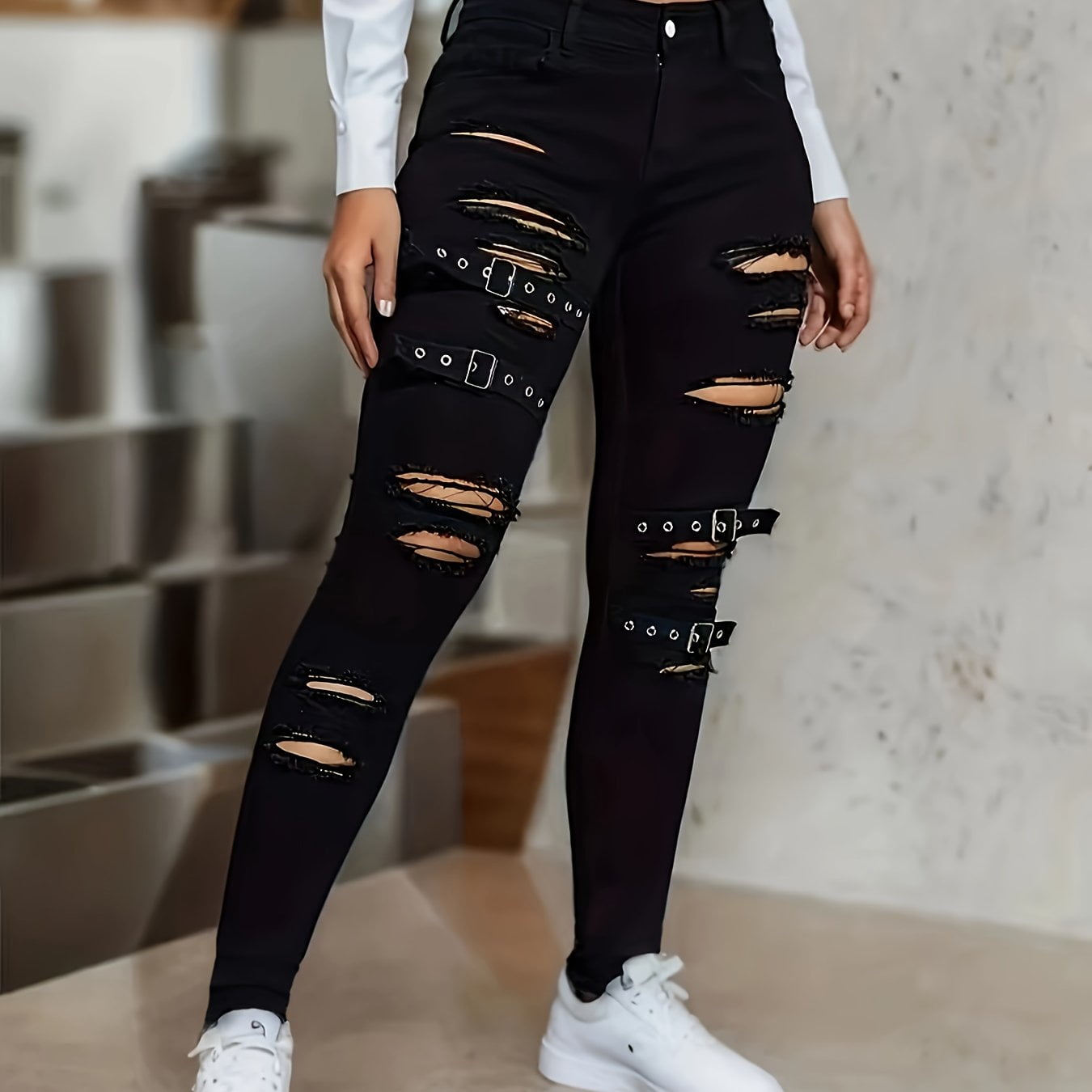 TQZQ Women's Mid Rise Skinny Stretch Ripped Jeans Mid
