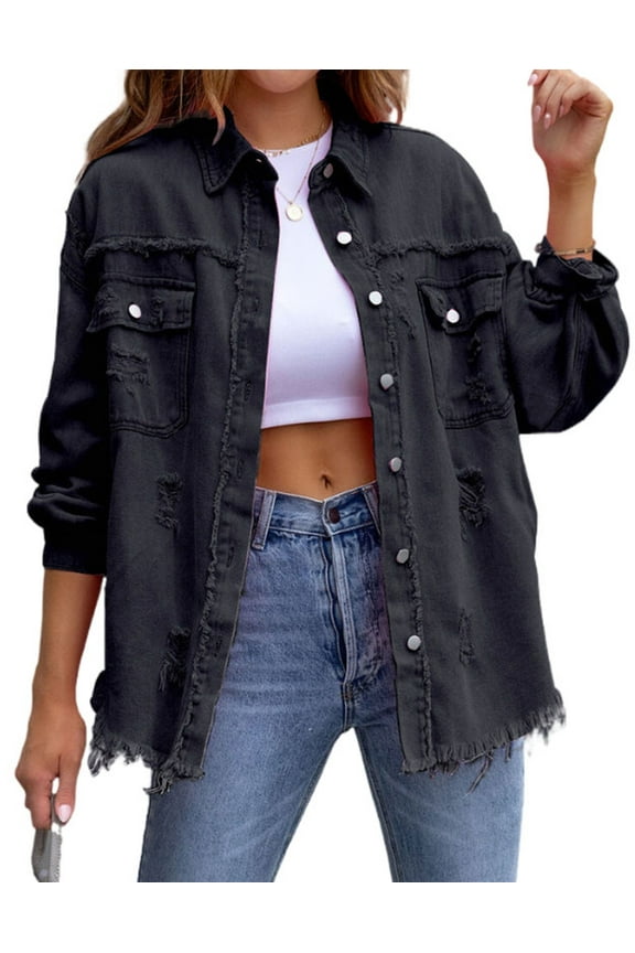 Ripped Jean Jacket for Women Distressed Washed Button Down Frayed Hem Denim Shacket with Pockets Shermie