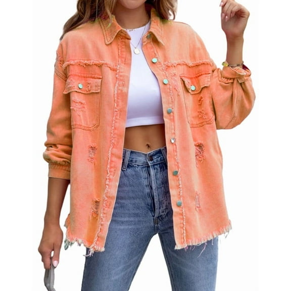 Ripped Jean Jacket for Women Distressed Washed Button Down Frayed Hem Denim Shacket with Pockets Shermie