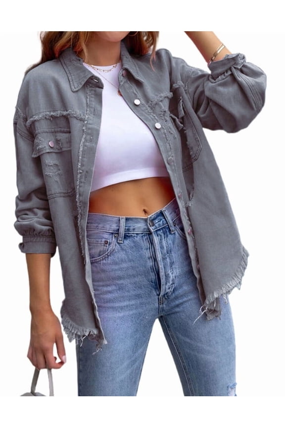 Ripped Jean Jacket for Women Distressed Washed Button Down Frayed Hem Denim Shacket with Pockets Shermie