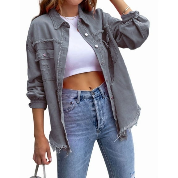 Ripped Jean Jacket for Women Distressed Washed Button Down Frayed Hem Denim Shacket with Pockets Shermie