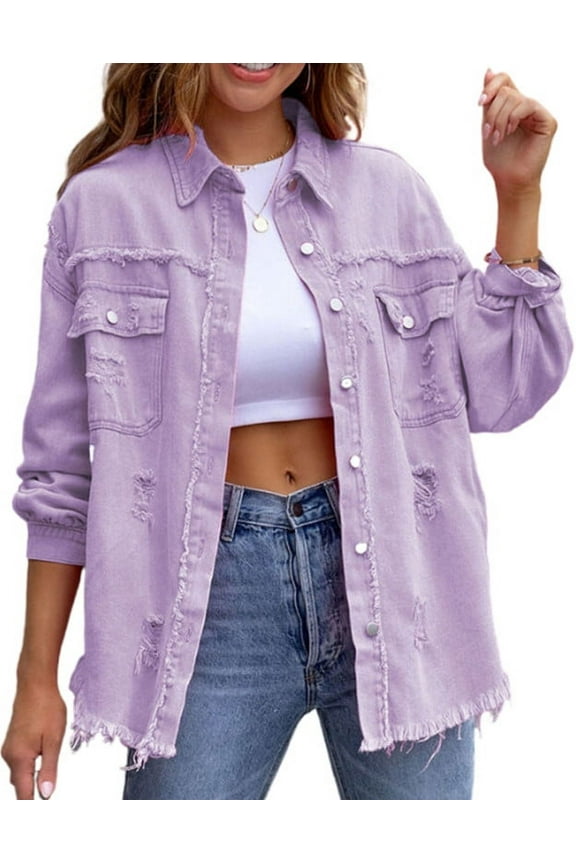 Ripped Jean Jacket for Women Distressed Washed Button Down Frayed Hem Denim Shacket with Pockets Shermie