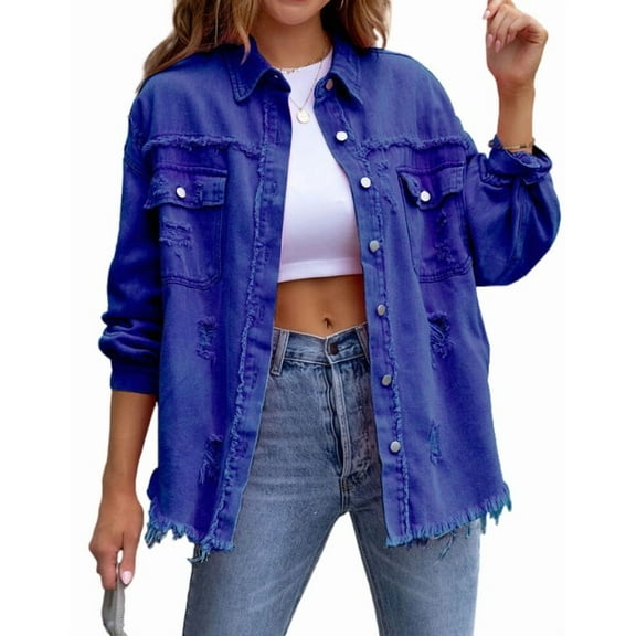 Ripped Jean Jacket for Women Distressed Washed Button Down Frayed Hem Denim Shacket with Pockets Shermie