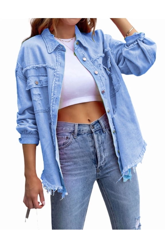 Ripped Jean Jacket for Women Distressed Washed Button Down Frayed Hem Denim Shacket with Pockets Shermie
