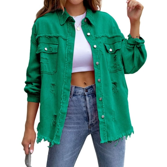 Ripped Jean Jacket for Women Distressed Washed Button Down Frayed Hem Denim Shacket with Pockets Shermie