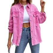 Ripped Jean Jacket for Women Distressed Washed Button Down Frayed Hem Denim Shacket with Pockets Shermie