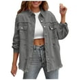 thumbnail image 1 of Ripped Jean Jacket for Women Trendy Fall Spring Denim Fringed Button Up Shacket Coat with Pockets Casual Shirt (L, Gray), 1 of 6