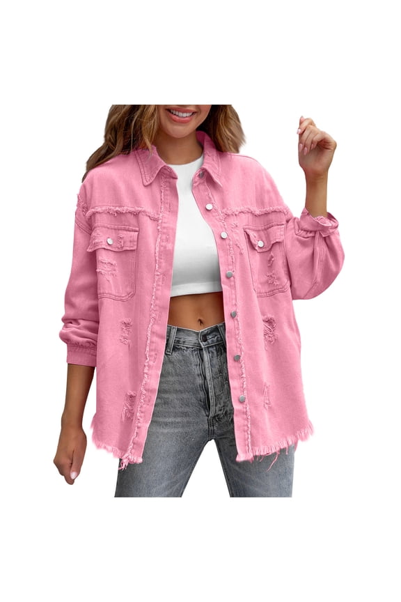 Ripped Jean Jacket for Women Trendy Fall Spring Denim Fringed Button Up Shacket Coat with Pockets Casual Shirt (L, Pink)