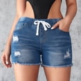 thumbnail image 1 of Ripped Jean Shorts Women Elastic Waist Drawstring Frayed Hem Denim Shorts Ripped Washed Shorts Summer Fashion Distressed Boyfriend Jorts Blue L, 1 of 6