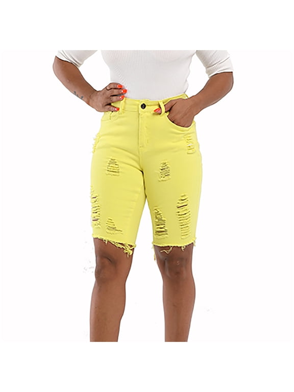 Ripped Jean Shorts for Women Casual Stretch High Waist Distressed Denim Short Pants with Pockets Knee Length