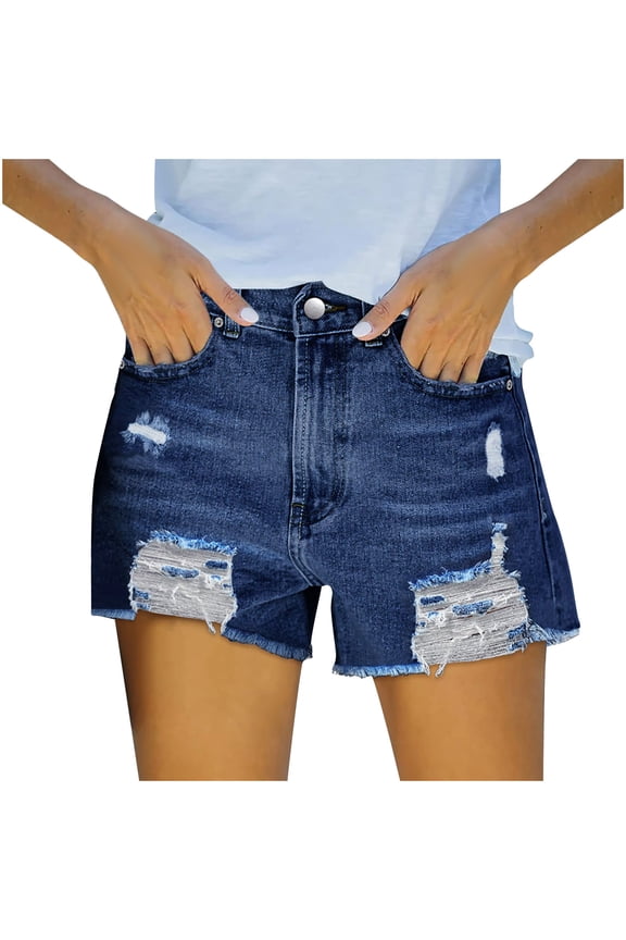 Ripped Jean Shorts for Women Frayed Raw Hem Mid Rise Cut Off Distressed Denim Shorts with Pockets Summer Casual (S, Dark Blue)
