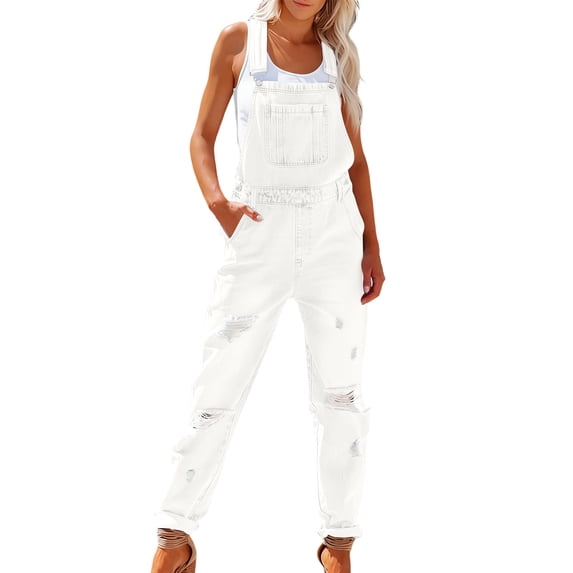 Ripped Jeans Jumpsuit for Women Adjustable Strap Overalls Stretch One Piece Denim Pants Romper with Pockets