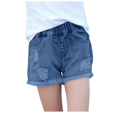 Ripped Jeans Shorts Kids Girls 10-12 Elastic Waist Frayed Hem Denim Shorts with Pocket Pull-On Summer Relaxed Pants, Light Blue3 Years