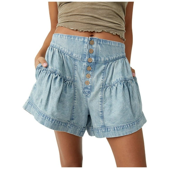Ripped Jeans Shorts for Women Summer Elastic High Waisted Floral Ruffle Denim Elastic Waist Fashion Bottoms Casual Jean Shorts with Pockets S-XL