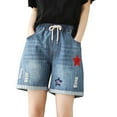 thumbnail image 1 of Ripped Jeans Shorts for Women Summer National Wind Embroidery Sloping Thin Loose Old Waist Denim Trendy Casual Shorts M-XL, 1 of 3